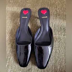 Larroude Black Patent Slip-On Mules with Red Heart Insole